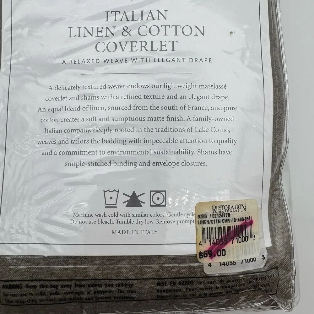 Restoration Hardware Italian Linen & Cotton Coverlet Standard sham Silver Sage